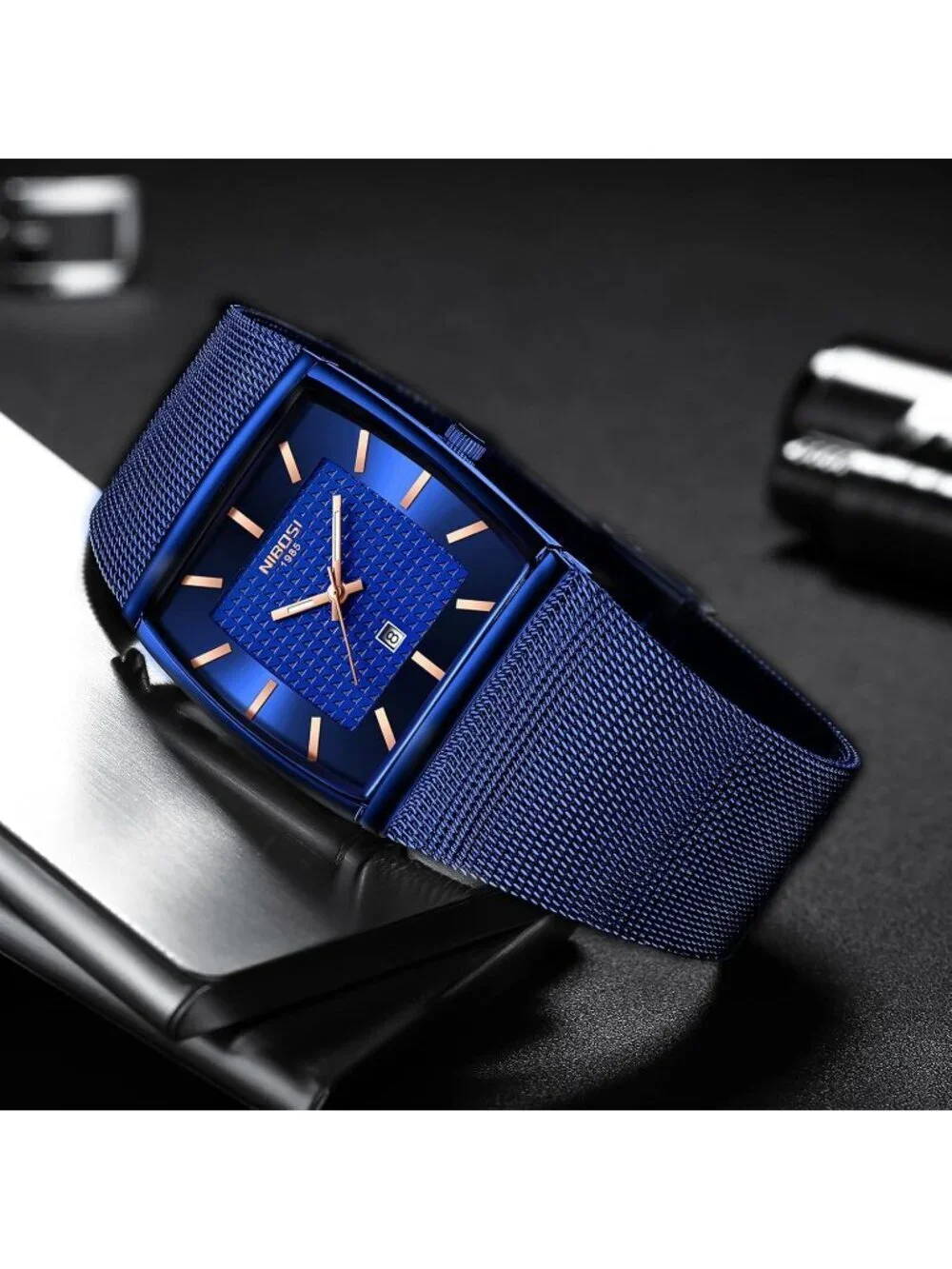 Nibosi Men's Blue Square Analog Quartz Stainless Mesh Strap Waterproof Watch